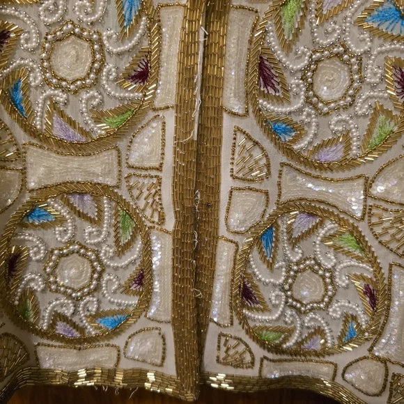 SEQUIN ORIGINAL Vintage Hand Beaded Silk Jacket Shoulder Pads Bead Work LARGE - Picture 7 of 17